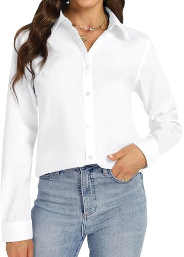 J.VER White Shirts for Women Long Sleeve Stretch Dress White Blouse Business Casual Fitted Non Iron Work Office Executive Fashion Solid Top 2XL