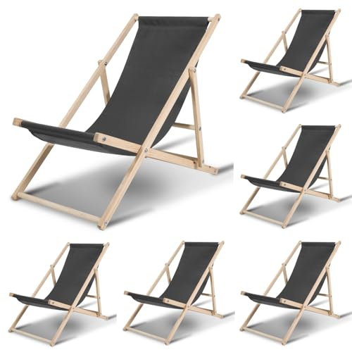 Ollewiellan 6er Set Holz Liegestuhl Klappbar in Grau - Verstellbare Gartenliege bis 120kg, Wetterfeste Strandliege für Patio, Balkon, Strand