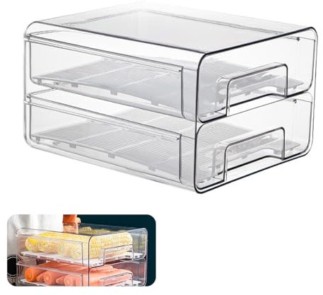 Ysislybin Caja de almacenamiento, fiambreras para frigorífico con red de drenaje, plástico PET, organizador para frigorífico, cajón extraíble y apilable, transparente, organizador de armario de cocina