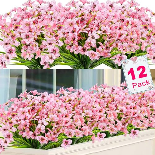 Titifeya 12 Bundles Artificial Pink Violet Flowers Outdoor UV Resistant Plastic Fake Flowers Faux Plants for Garden Window Box Hanging Planter Indoor Home Porch Decor