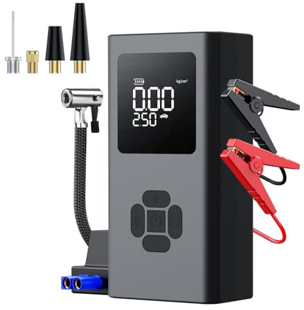 Jump Starter Power Pack with Air Compressor 150PSI - Portable Car Battery Booster for All Gas/10L Diesel Engines, Jump Leads LCD Display & Emergency Flashlight, Black