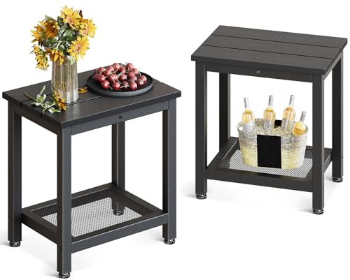 Coleshome Beistelltisch Outdoor mit Stauraum 2er Set, Kleiner 2-stöckiger Beistelltisch mit Wetterbeständiger, Wasserdichter Platte für Garten, Terrasse, Poolbereich, Schwarz