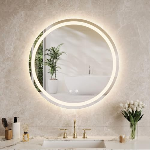 PortoAlegre Schminkspiegel mit Beleuchtung, 60cm Rund Badezimmerspiegel mit Licht, Spiegel Led mit Touchschalter und Explosionsgeschütztes Glas, Dimmbar, Anti-Beschlag Badspiegel mit Beleuchtung
