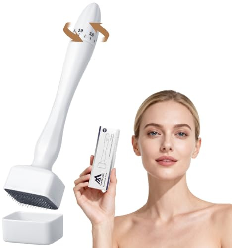 Flintronic Justerbar Derma-stämpel, mikroneedling Dermastamp med 140 mikronålar, 0-3 mm dermapen för hårskäggtillväxt, förbättrad hudelasticitet för ansikte, kropp (vit)