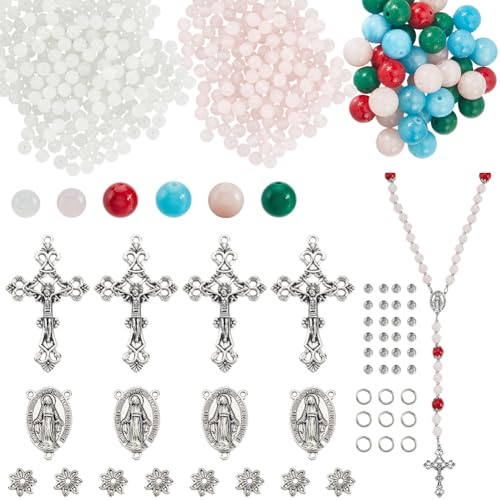SUNNYCLUE 1 Box 776 Stück DIY 4 Sets Rosenkranz Bastelset Rosenkranz Anhänger Kruzifix Kreuz Anhänger Großpackung Kronleuchter Komponentenglieder Steinperlen Für Schmuckherstellung Zubehör DIY Halsket