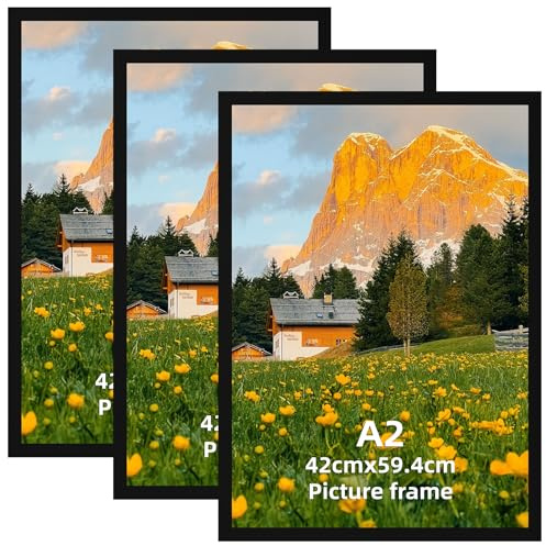 HORLIMER Lot de 3 Cadre A2 Noir, Cadres 42 x 59,4 cm en Alliage d'Aluminium, Parfaits pour Afficher des Posters, Photos ou œuvres d'Art – Mural Horizontal et Vertic al Exclusif