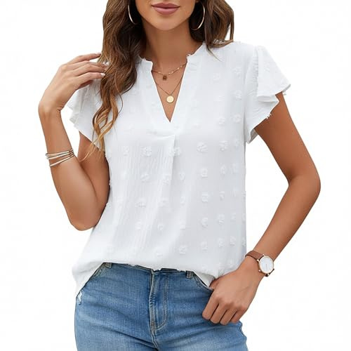 viiotu Blouses for Women UK Summer Short Sleeve Ladies Shirts Chiffon Blouses V Neck Tops for Travel Party Daily Wear (UK, Alpha, L, Regular, Regular, White)
