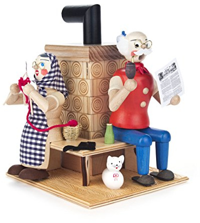DREGENO Seiffen Räuchermann Opa mit Oma am Ofen 20 cm – Original erzgebirgische Handarbeit, stimmungsvolle Weihnachts-Dekoration