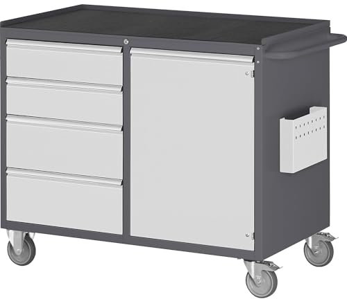 RAU | Kompaktwerkbänke | fahrbar | 4 Schubladen | 1 Tür | Metallablage mit Gummimatte | anthrazit/lichtgrau