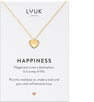 LUUK LIFESTYLE Collanina elegante da donna con pendente cuore e carta regalo HAPPINESS, accessorio di moda moderno e minimalista, idea compleanno, oro