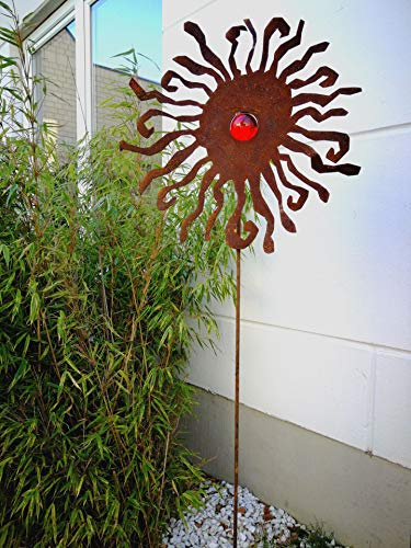 Zen Man Edelrost Gartenstecker GlasKugel Rost aus Metall Gartenfigure Gartendeko Rost GartenGlaskugel Handarbeit Rot H 120 * 40 cm 031930-1R