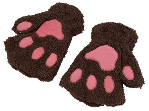 Queenbox Cat Claw Handschuhe geschnittene halbe Finger Tier Bärentatze Handschuh Winter warme Plüsch Fäustlinge Fell fingerlos für Frauen Mädchen Outdoor Sport, leichter Kaffee