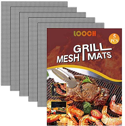 LOOCH BBQ Mesh Grill Mat Set of 5 - Heavy Duty Nonstick Mesh Grilling Mats & Barbecue Accessories - Reusable and Easy to Clean - Works on Gas, Charcoal, Electric Grill and More - 15.75 x 13 Inch | Non-stick mesh grilling mats for gas charcoal electric grills dishwasher safe high heat resistant smokeless rust-proof