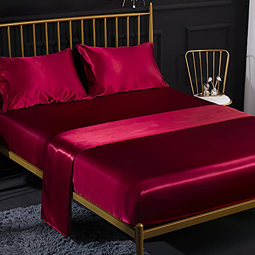 Jemiipee Ensemble 4 Pièces de Draps de Lit en Satin Couleur Unie 1 x Drap Housse 180x200 cm 2 Personnes avec Grand Bonnet de 35 cm, 1 x Drap Plat et 2 x Taie d'oreiller, Rouge Bordeaux