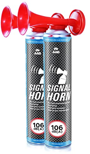 2 x AAB Signal Horn – Laut Nebelhorn 106 dB(A) Mit Nicht Brennbarem Gas, Bis Zu 320 Kurze Pieptöne, Fanfare, Fußball Airhorn, Gasfanfare, Pressluft Luftdruck Tröte, Drucklufthupe