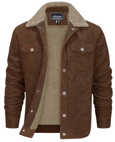 EKLENTSON Corduroy Jacket Men Cotton Fleece Lined Jacket Outdoor Winter Casual Work Fishing Coat with Pockets,Brown,M
