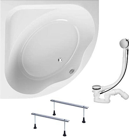 KOLMAN Badewanne STANDARD Eckbadewanne 150x150 ohne Verkleidung, Ablaufgarnitur und Füßen Komplettset 3in1 Premium Original Acryl Wanne Siphon