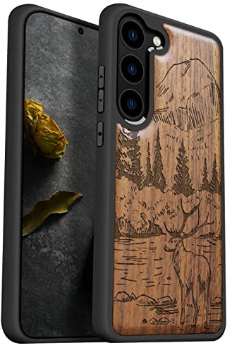 Carveit Étui Bois pour Galaxy S23, (Noyer-Montagnes et cerf) | [Gravure Laser Bois Coque] Souple TPU Silicone de Téléphone Compatible avec Samsung Galaxy S23 Étui Protection