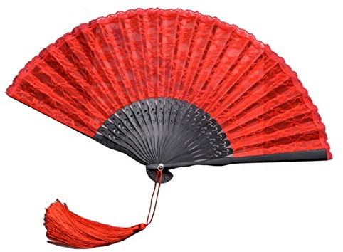 Handfächer, chinesische Fächer, faltbarer chinesischer orientalischer Vintage-Retro-Spitzenfächer mit Quasten – for Hochzeit, Dekoration, Tanz, Aufführung, Party, Geschenk (Größe: Rot) ( Size : Rosso