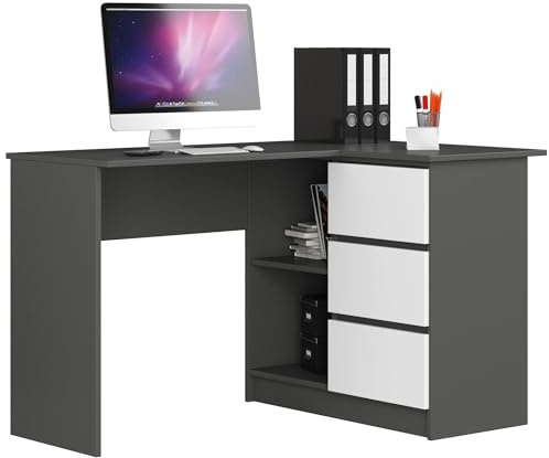 AKORD Eckschreibtisch B16 mit Regal 124 cm | 3 Schubladen Links | Schreibtisch | Ecktisch | Eck Schreibtisch | für Home | für Office | B124 x H77 x T85 cm | Gewicht 41,40 kg | Graphitgrau/Weiß