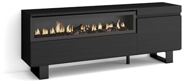 Skraut Home | Mueble TV | Televisión | Muebles de salón, almacenaje | 150x57x35cm | para TV hasta 65 | Chimenea eléctrica | Diseño Industrial | Estilo Moderno | Negro