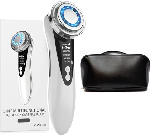 NUAL Massaggiatore Viso a Radiofrequenza 5 in 1 Bianco - Elettrico Multifunzionale Con Beauty Case Regalo - Ringiovanimento, Idratazione e Pulizia del Viso