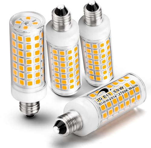 E11 Led Bulbs Dimmable No-Flicker, JDE11 120V 50W Halogen Candelabra Bulb Equivalent,T3 T4 Mini Base 2700K Warm White 5W 500lm E11 Bulb for Chandeliers, Ceiling Fan, Table Lamps, Cabinet Lighting,4Pcs