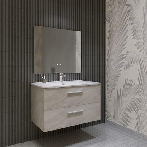 MarinelliGroup Mobile bagno SOSPESO 60 80 100 120 cm con lavabo in ceramica 2 cassetti LINDA (60 cm, Grigio)