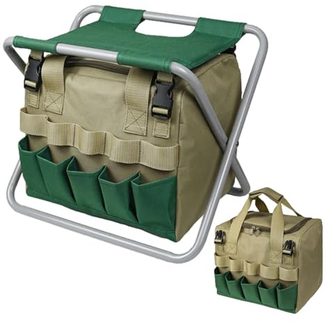 Lnhgh Sgabello da giardino pieghevole con borsa per attrezzi, sgabello da giardino pieghevole, sgabello da campeggio con borsa per attrezzi rimovibile | sgabello da giardiniere, sgabello da giardino