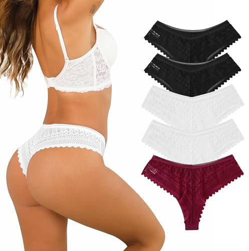 Demegimi String Tanga Femme Dentelle Transparent Panties Strings et Tangas sous-Vêtements Culot Feminins Shorties Stretch Taille Basse Lot 5