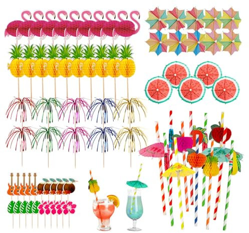 Cocktail Deko 90 Stück Cocktail Schirmchen Feuerwerk Sticks Cocktail Deko Strohhalme Rührer Sticks Cocktailspieße Trinken Dekorationen für Sommer Party Strand Hochzeitsfeier Bar Getränke Kuchen Deko
