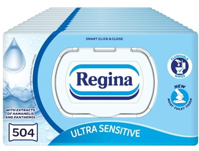 Regina Moist Toilet Tissue Ultra Sensitive – 12 Pack, Each with 42 Flushable Wet Wipes – Gentle Care for Sensitive Skin with Soothing Panthenol Lotion – Vegan and Allergen Free – FSC Certified