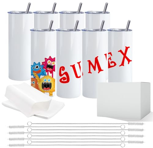 Sumex 8 Pack Sublimation Blanks Skinny Tumbler White 20 OZ Straight Doubler Walled Stainless Steel Tumbler with Metal Straw for Mug Tumbler Heat Press Machine