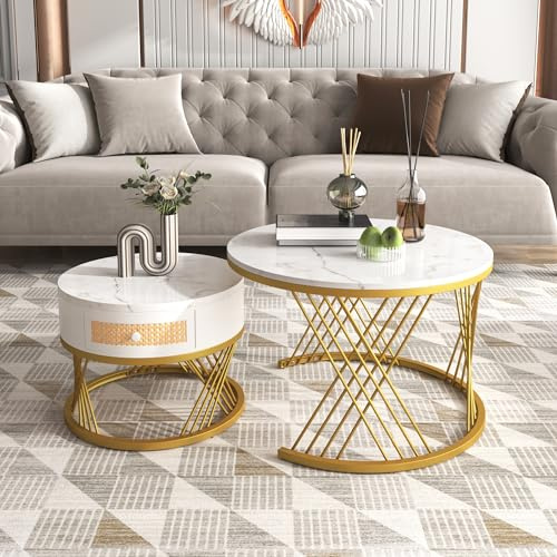 Merax Couchtisch 2er Set, Rund Wohnzimmertisch mit Marmor Furnier, Coffee Table aus Massivholz mit Schublade, Metallgestell, Weiß und Gold