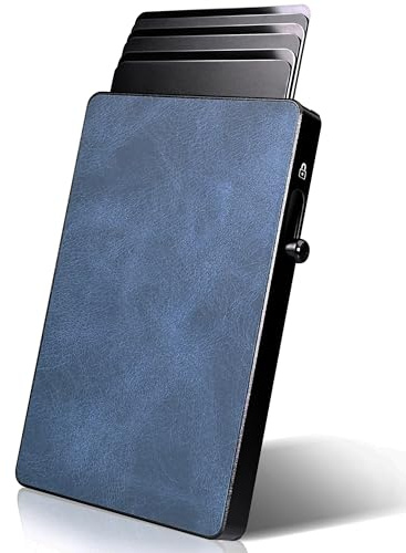 personalisierbarer Cardholder aus Echtleder & Aluminium, RFID-Schutz, für bis zu 6 Karten, Card Wallet, Card Holder, Wunschgravur, Kartenetui, Geldbeutel, Portmonnaie, Gravur,(Leder Blau (Rindsleder))