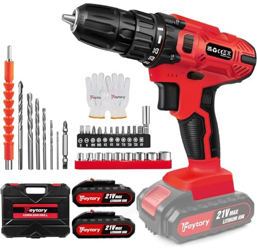 Cordless Drill 21V, 45Nm Electric Screwdriver Set, 2 Variable Speed Combi Drill, 25+1 Torque Setting, 3/8” Keyless Chuck, LED Work Light, with 29PCS Accessories and 2 Batteries 1.5Ah for Home DIY
