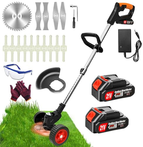 Desbrozadora de jardín inalámbrica 21 V con 2 baterías y 3 tipos de cuchillas, recortadora de hierba y bordeadora 3 en 1, cortadora eléctrica para poda de césped