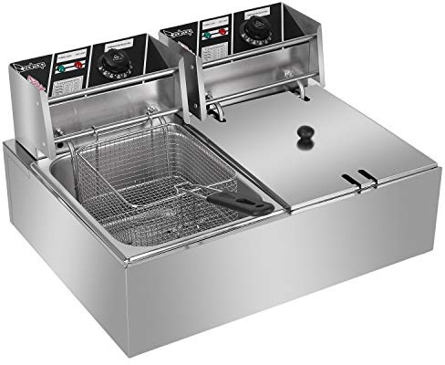 HOBBYZOO 12L Dual Deep Fat Fryer, Adjustable Temperature Control Commercial Electric Chip Deep Fryer with Basket & Lids, Double Tank Stainless Steel with Non-Slip, Easy Clean, 220V 5000W