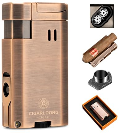 CLZOONG Zigarrenfeuerzeug Double Jet Flamme Sturmfeuerzeug, Nachfüllbares Feuerzeug Zigarren Feuerzeug mit zigarrenpunsch und Zigarrenhalter, Geschenkbox, Ohne Gas (Rose Gold)