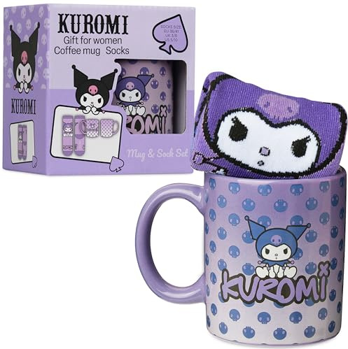 Get Trend Hello Kitty Sanrio Mug et Chaussettes Coffret Cadeau Femme et Ado, Tasse Céramique 340ml, Chaussettes Colorées Kuromi Cinnamoroll (Violet Kuromi)