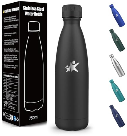 Botella Agua Acero Inoxidable, 750 ml Libre de BPA, Botella Termica, 304 Acero Inoxidable, Botellas Agua, Aislamiento al Vacío de Boble Pared, Cantimplora Isotermica para Gimnasio - Negro