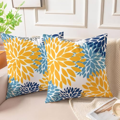 Miuyunya 2er Set Samt Kissenbezug Senfgelb Blau Bunte Kissen 50x50 Kissenhülle Dekorative Sofakissen Dekokissen Kissenbezüge Zierkissenbezug für Sofa Wohnzimmer Couch Herbst Dekor
