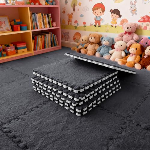 12 Stück Teppichboden Schaumstoffmatte, Plüsch Teppichfliesen, Ineinandergreifender Wohnzimmer Memory Foam Teppich (Schwarz)