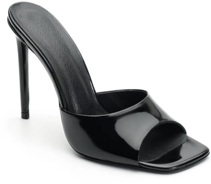 KKdhsfy högklackade damsandaler med öppen tå Peep Mules Slingback Slip-On Prom Party Dress Patent Leather 4,7 tum klackar, svart, 43 EU