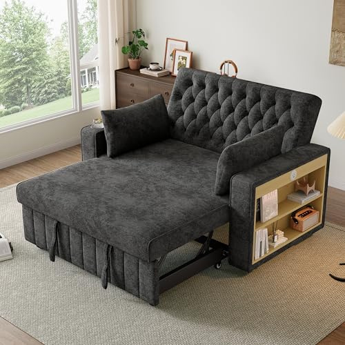 Merax Schlafsofa 2-Sitzer Sofa mit Schlaffunktion, Modernes Klappsofa 3-in-1 Schlafcouch mit Verstellbarer Rückenlehne, USB-Ladeanschluss, Seitliche Ablage und Getränkehalter, Chenille, Grau