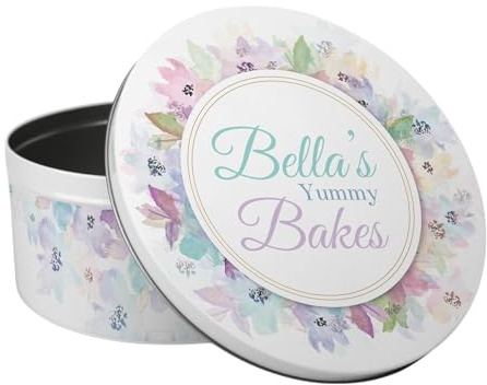 Purely Home Floral Personalised Cake Tin - Elegant Watercolour Flowers Baking Gifts for Her - Large Round Metal Kitchen Storage Container 23 x 10cm