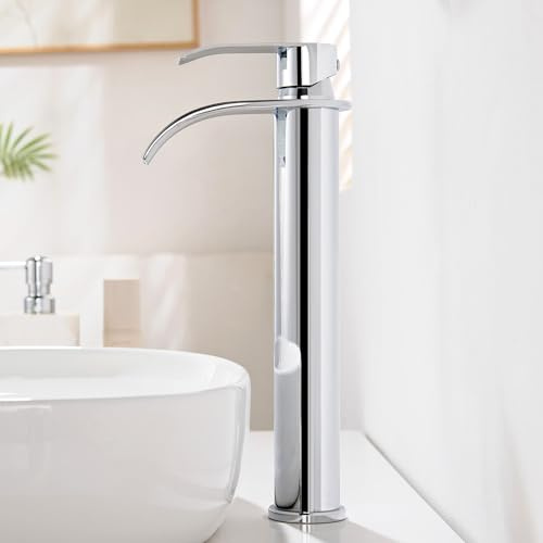 CECIPA Alto Rubinetto Bagno Lavabo Cromo a Cascata, Miscelatore Lavabo Bagno con Becco Altezza 24,5cm, Rubinetto Lavandino Alto in Acciaio Inox 304