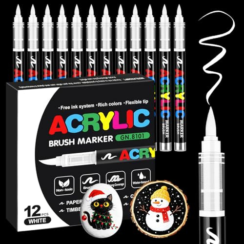12 White Acrylic Paint pen, White Paint Pens 1-6mm Tip Permanent Paint Markers for Rock, Wood, Metal, Plastic, Pebbles, Glass, Ceramic, Stones, Fabric, Canvas, Craft Waterproof White Marker Pen