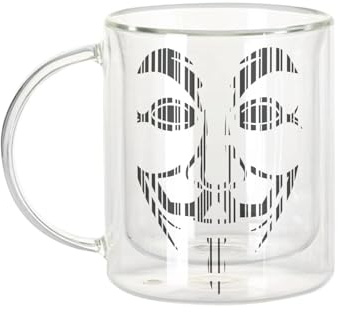 Fabulous Dubbelväggig glasmugg - anonymt ansikte svart randig - kaffekopp och isolerad 330 ml hängande effekt mot buller, tryck i Frankrike