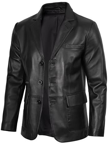 fjackets Veste blazer en cuir pour homme — Manteau de sport en cuir d'agneau véritable, 3 boutons, pour le travail au week-end